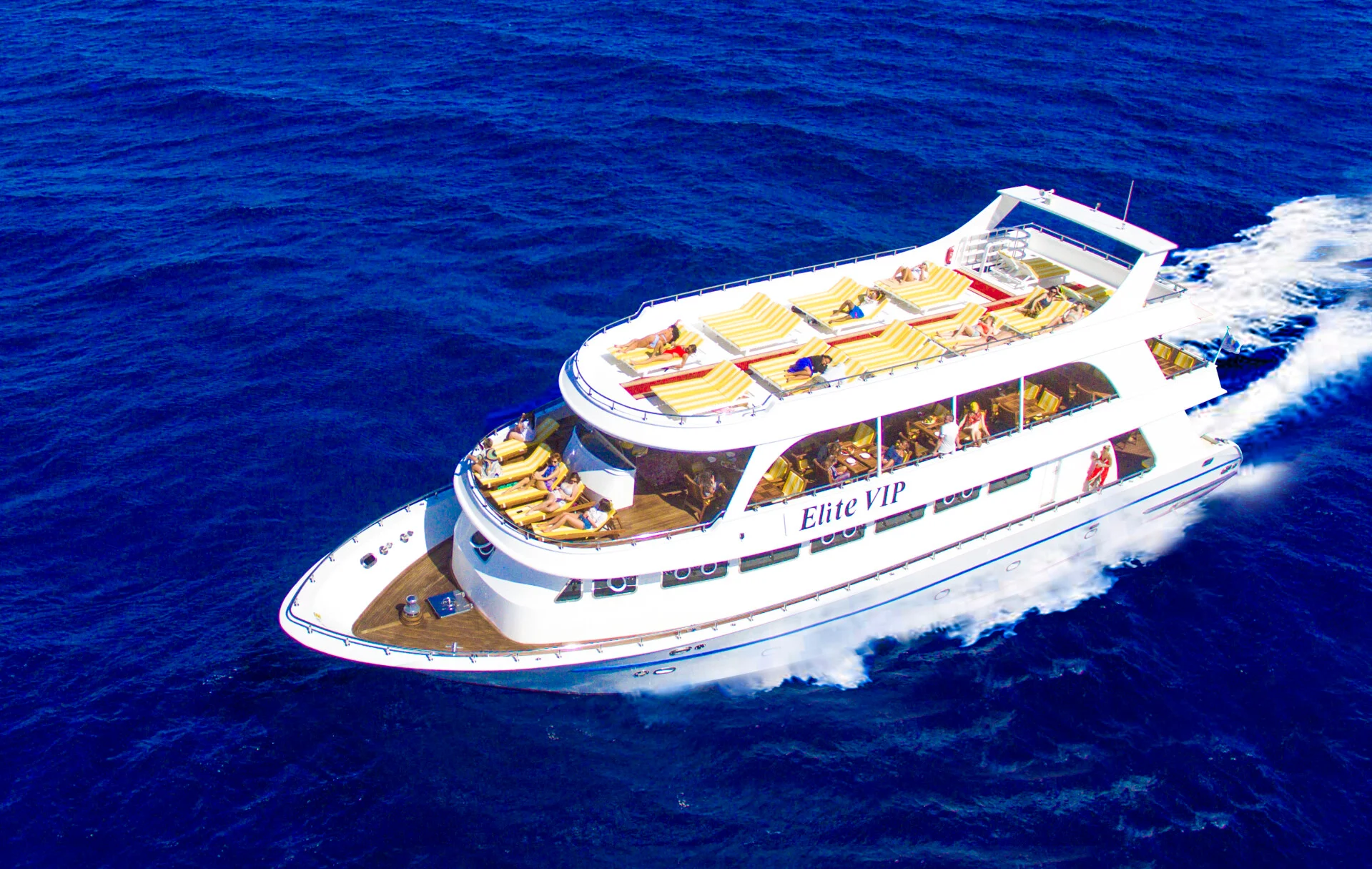 Orange Bay Elite VIP boat cruising on the Red Sea near Hurghada